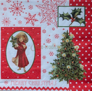 Ubrousek 33x33, vzor Merry christmas (stromek, cesmína, dáma)